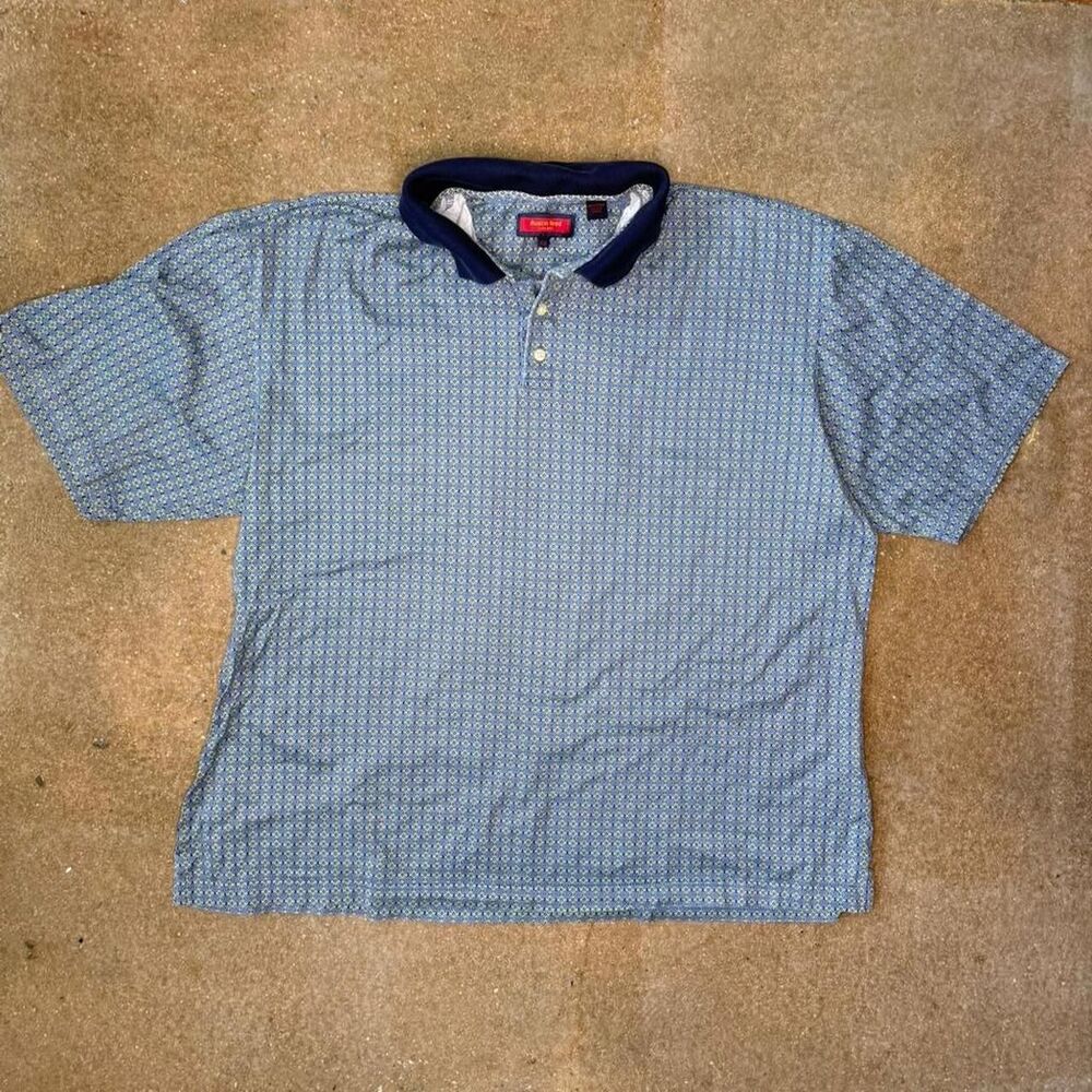 Austin Reed London Polo Shirt Mens XXL Blue Green Pattern Short Sleeve Vintage